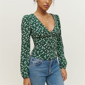 Reformation Green Floral V-Neck Long Sleeve Blouse